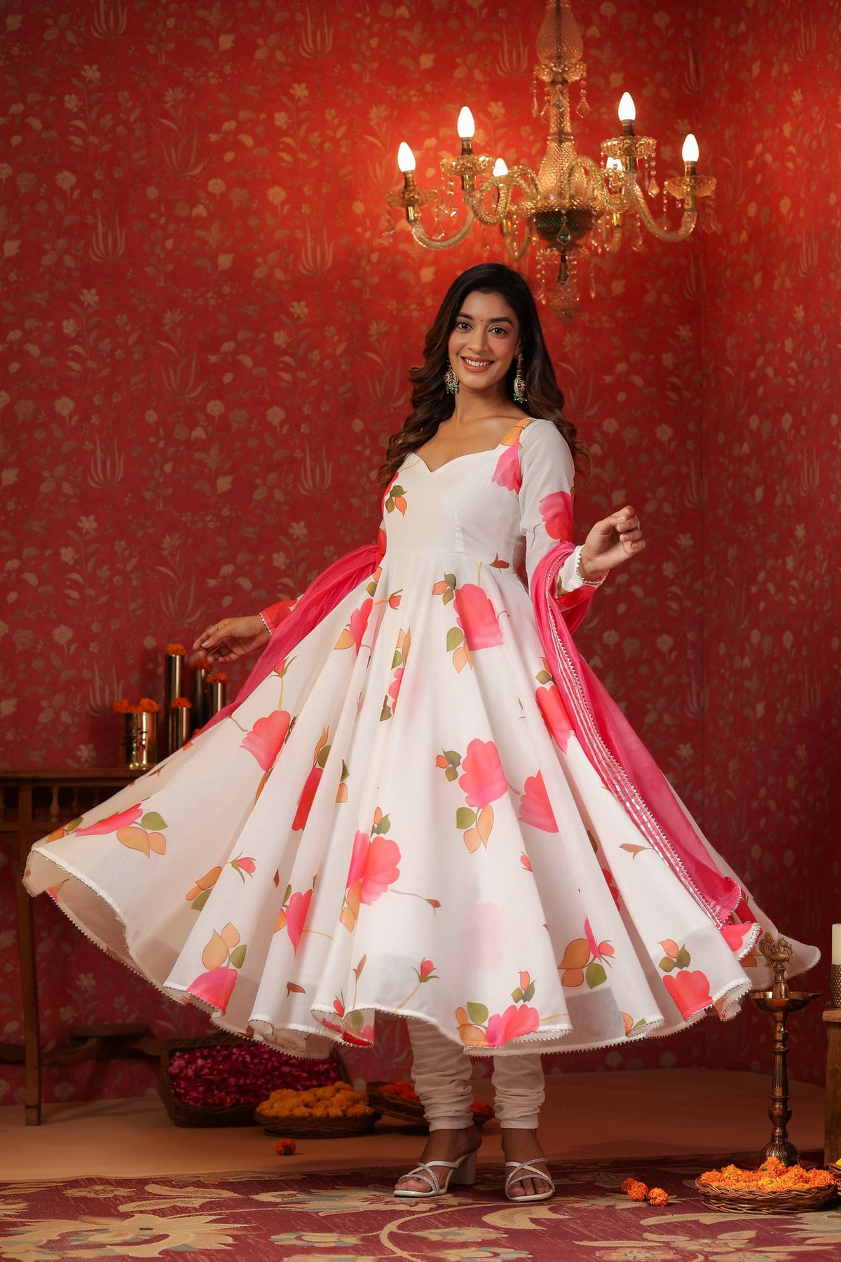 White Chanderi Anarkali Suit Set Of 3
