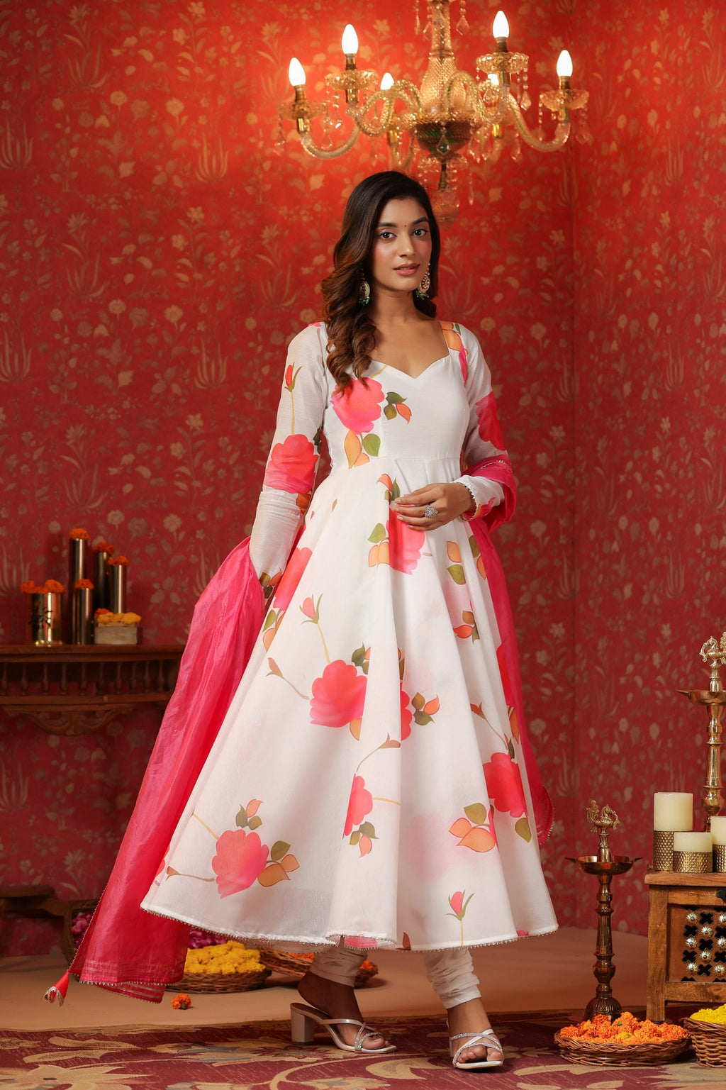 White Chanderi Anarkali Suit Set Of 3