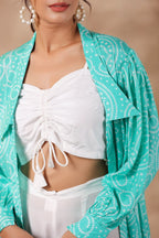White Natural Crepe Front String With Shrug Co Ord Set  Of 3