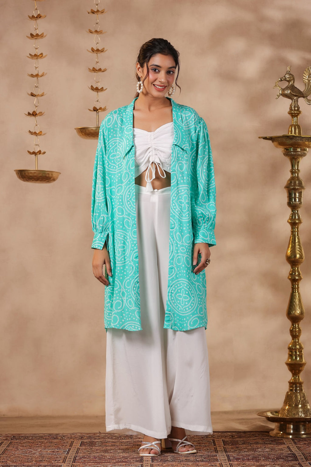 White Natural Crepe Front String With Shrug Co Ord Set  Of 3