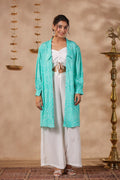 White Natural Crepe Front String With Shrug Co Ord Set  Of 3