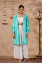White Natural Crepe Front String With Shrug Co Ord Set  Of 3