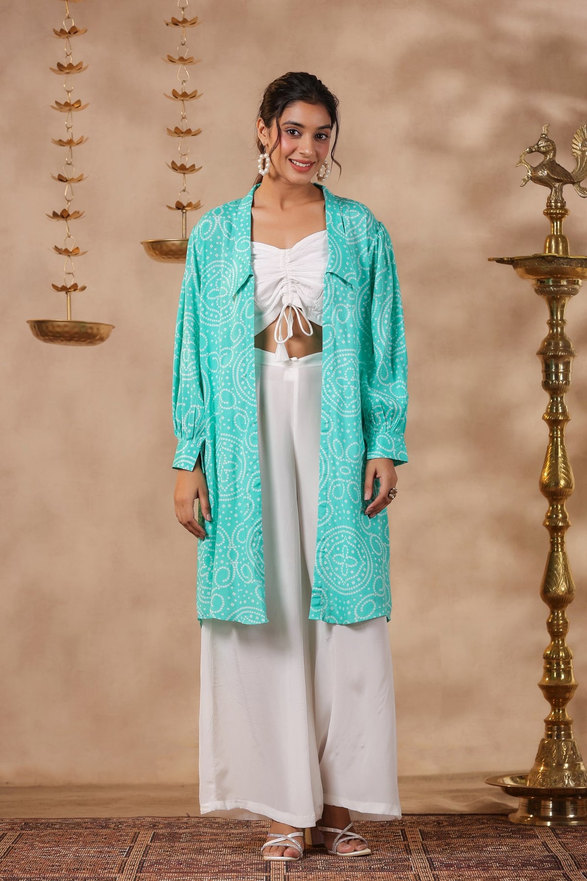 White Natural Crepe Front String With Shrug Co Ord Set  Of 3