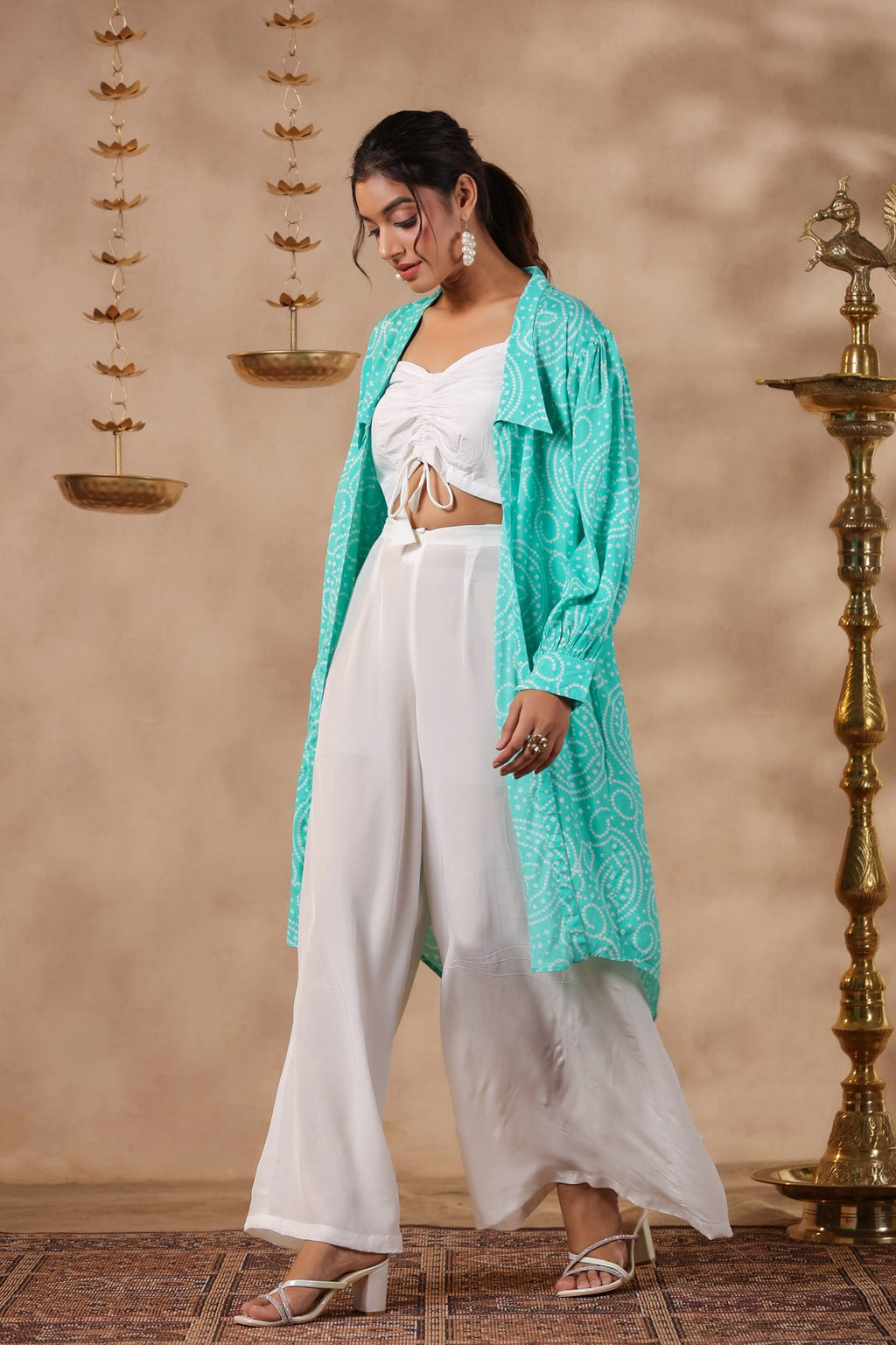 White Natural Crepe Front String With Shrug Co Ord Set  Of 3
