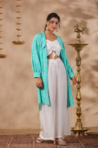 White Natural Crepe Front String With Shrug Co Ord Set  Of 3