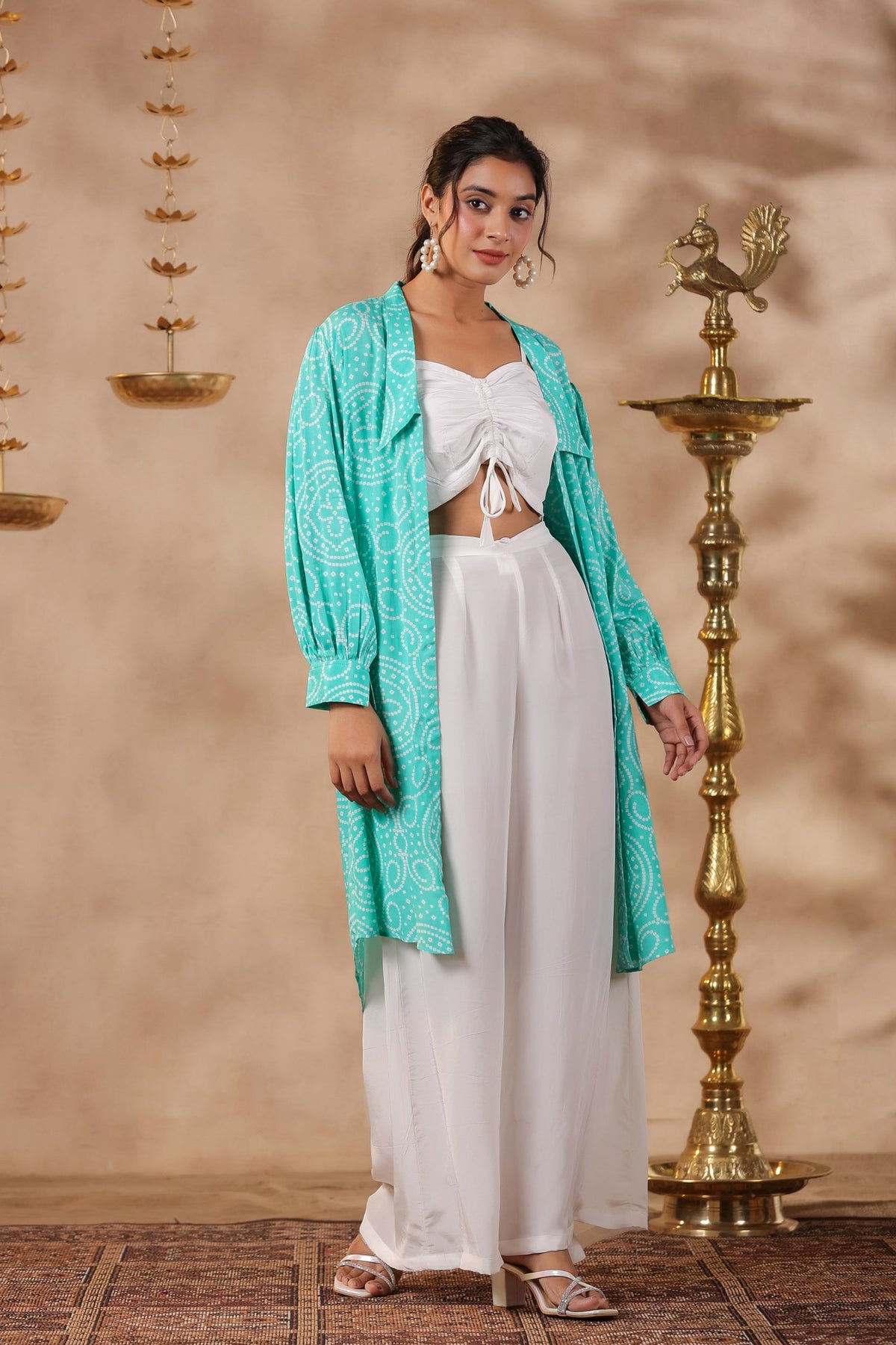 White Natural Crepe Front String With Shrug Co Ord Set  Of 3