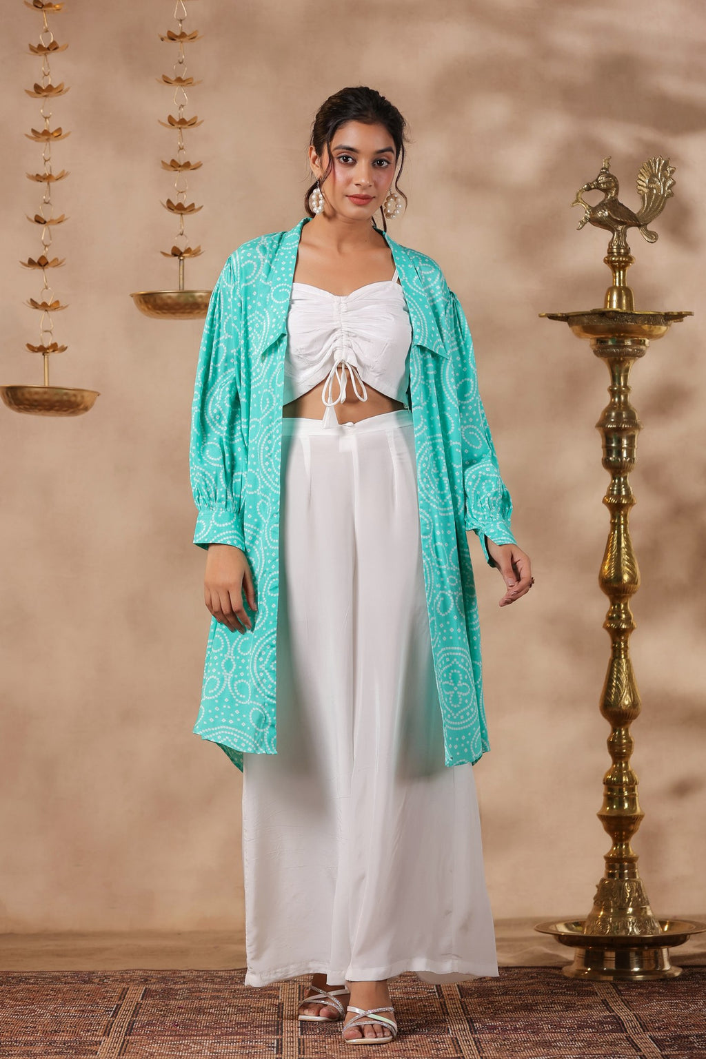 White Natural Crepe Front String With Shrug Co Ord Set  Of 3