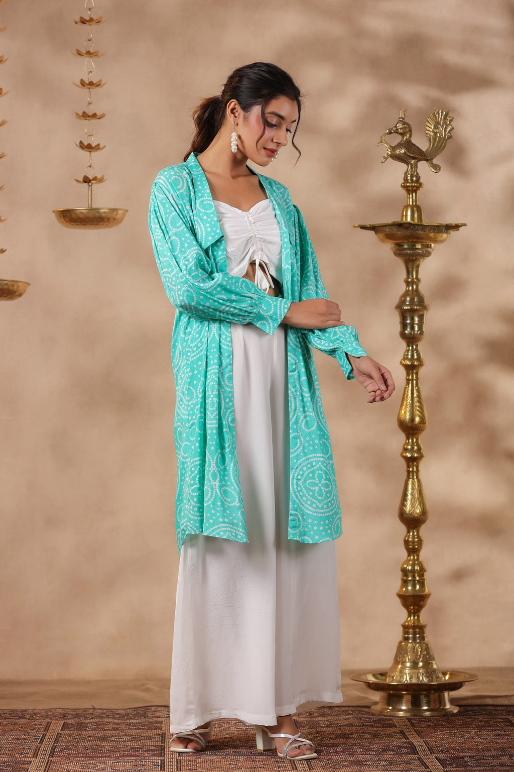 White Natural Crepe Front String With Shrug Co Ord Set  Of 3
