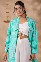 White Natural Crepe Front String With Shrug Co Ord Set  Of 3