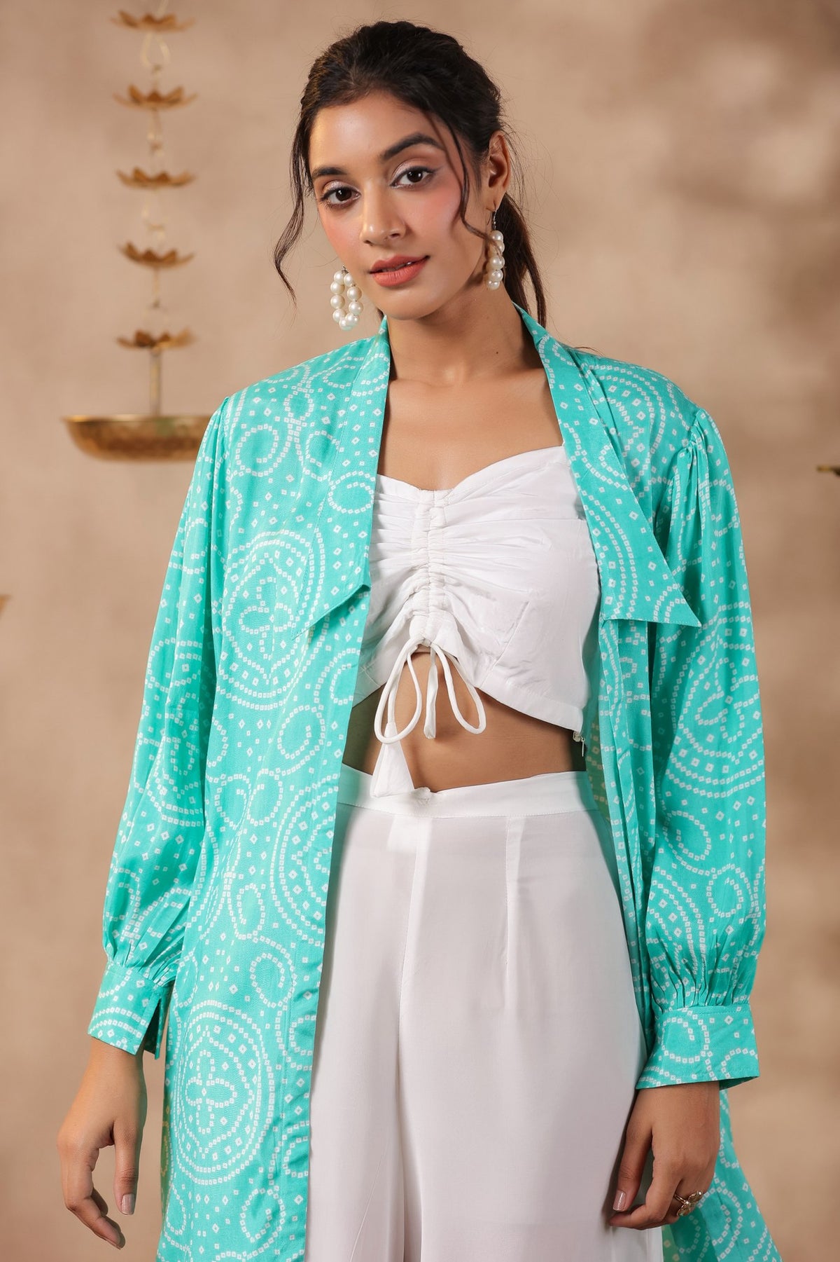 White Natural Crepe Front String With Shrug Co Ord Set  Of 3