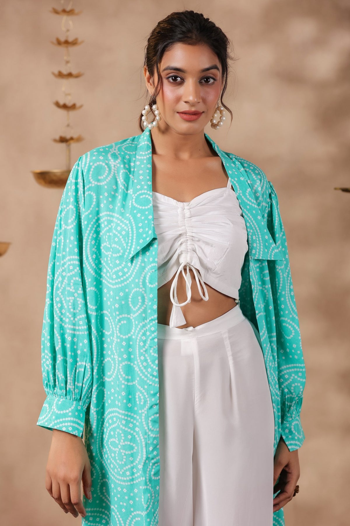 White Natural Crepe Front String With Shrug Co Ord Set  Of 3