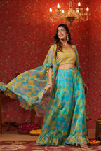 Yellow Organza Embroidered Crop Top Frilled Shrug  Set Of 3