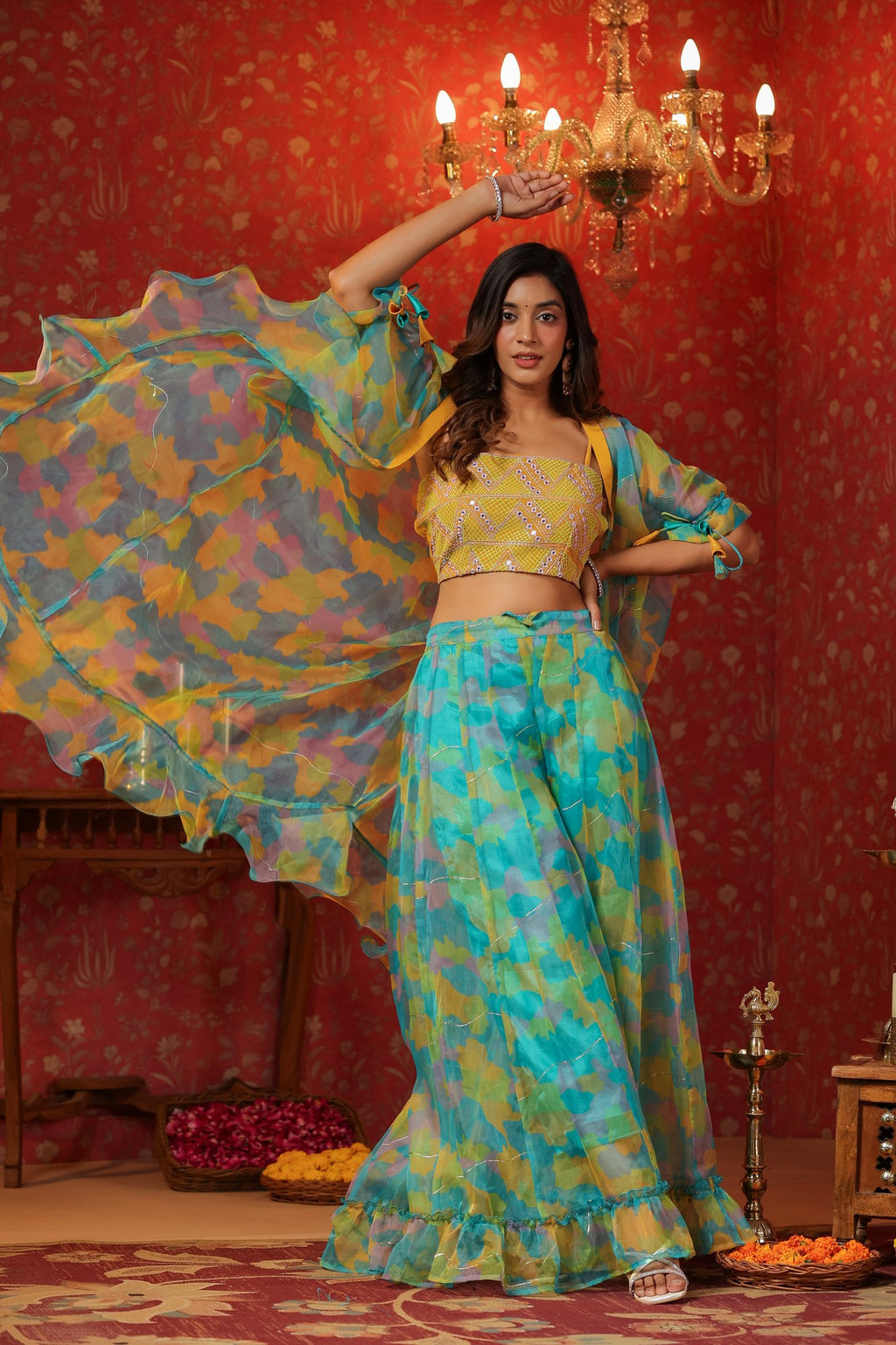 Yellow Organza Embroidered Crop Top Frilled Shrug  Set Of 3