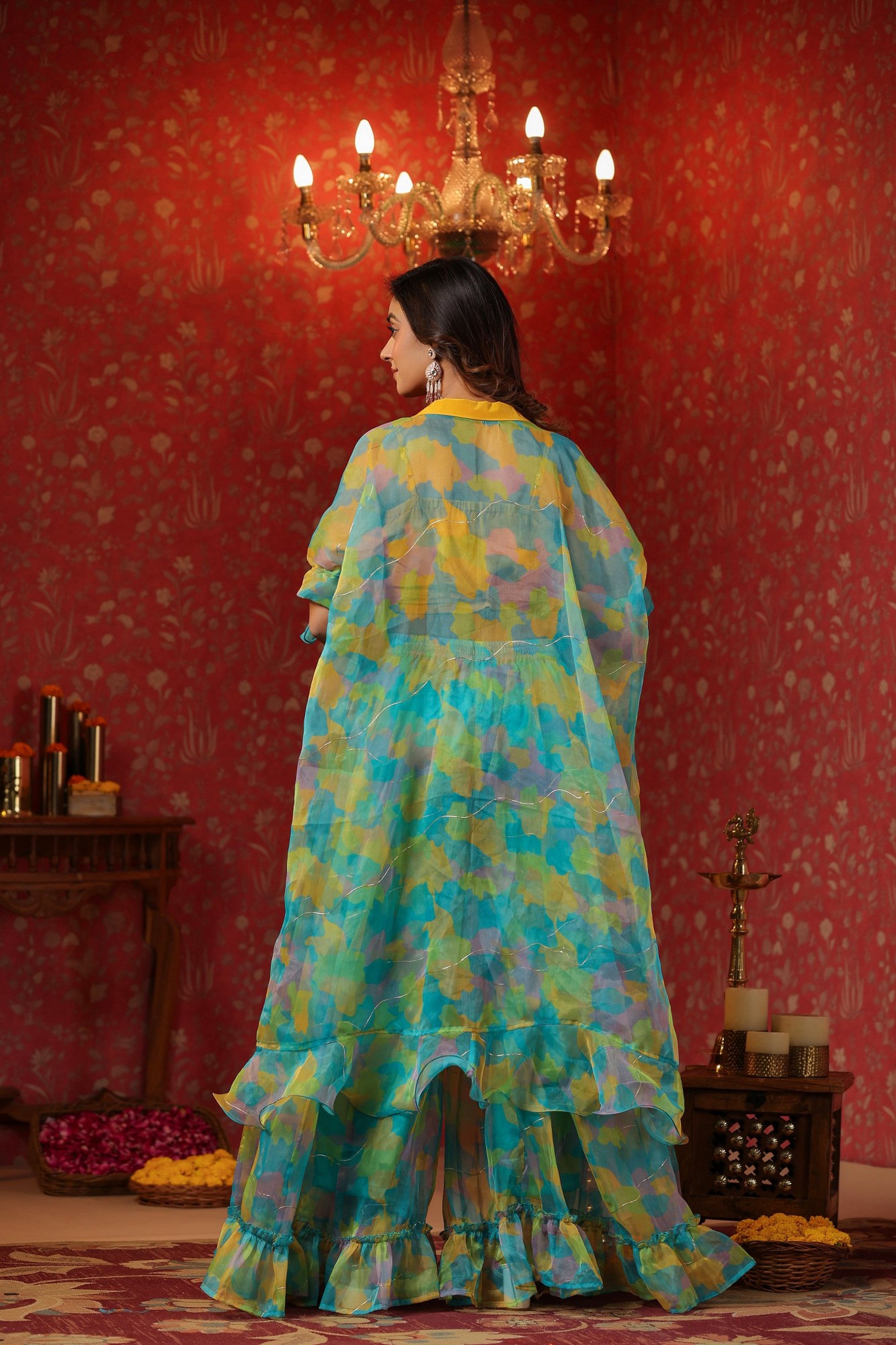 Yellow Organza Embroidered Crop Top Frilled Shrug  Set Of 3
