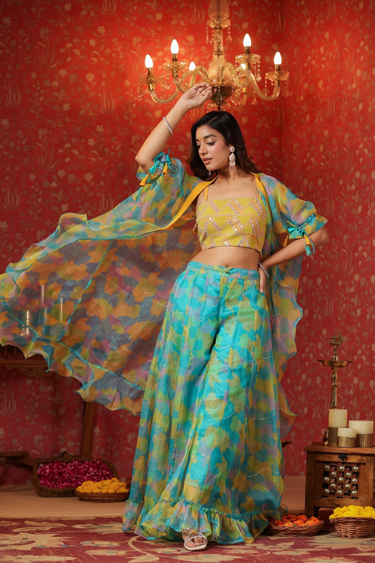 Yellow Organza Embroidered Crop Top Frilled Shrug  Set Of 3
