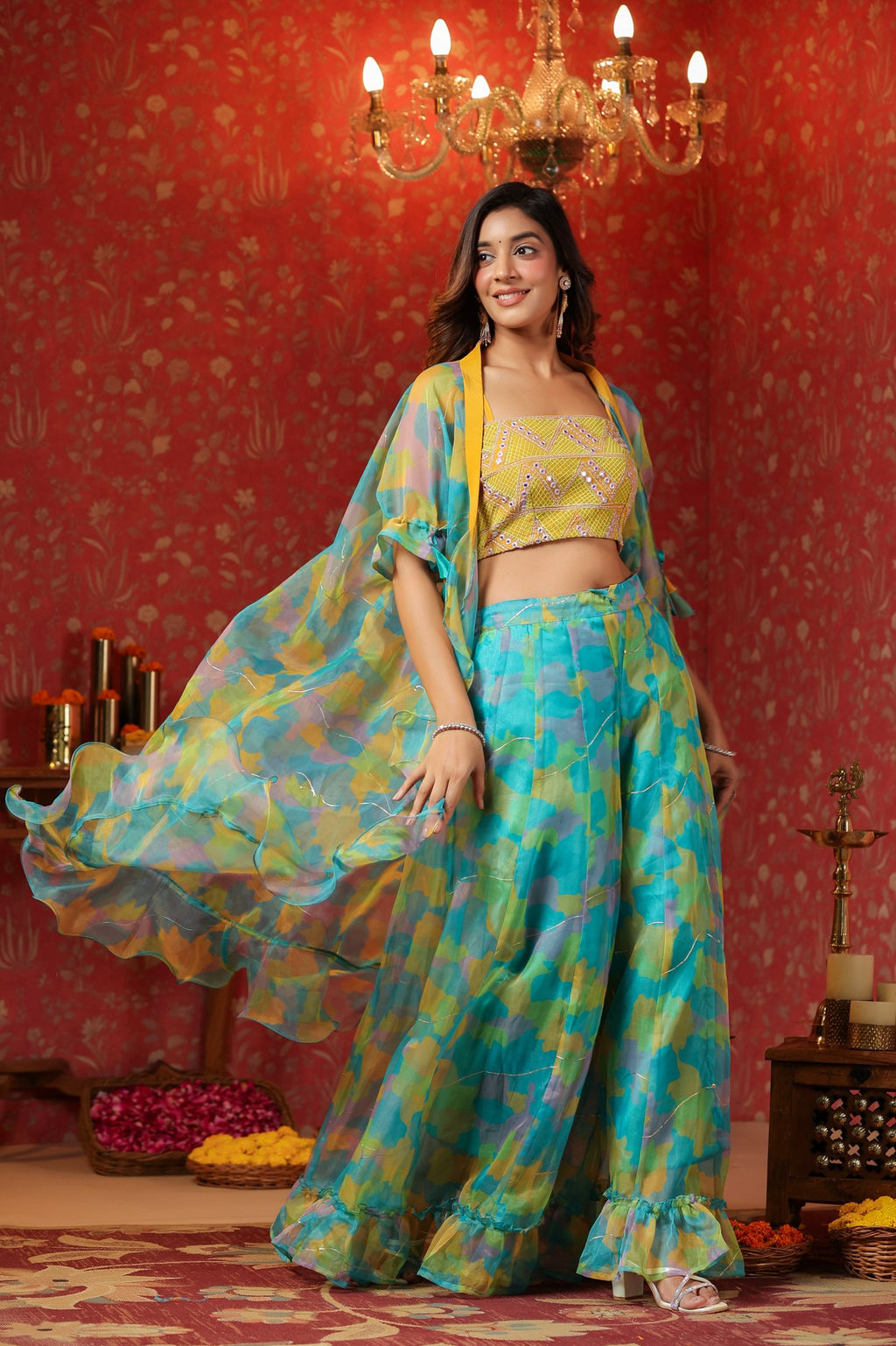 Yellow Organza Embroidered Crop Top Frilled Shrug  Set Of 3