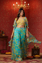 Yellow Organza Embroidered Crop Top Frilled Shrug  Set Of 3