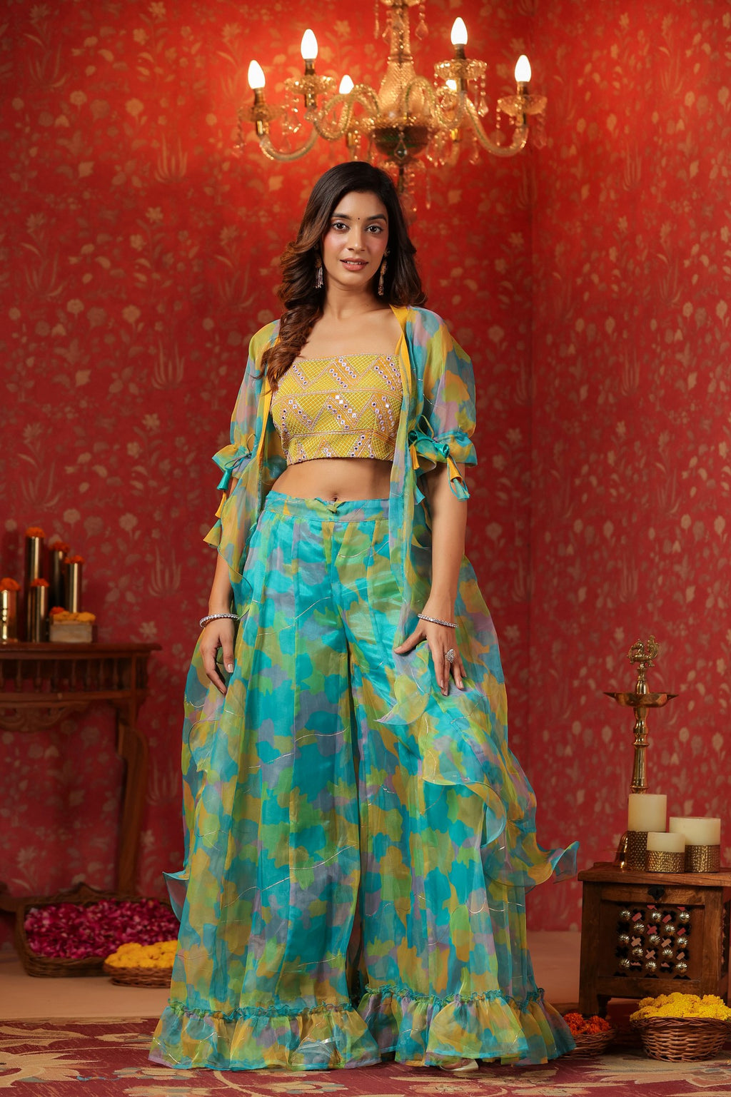 Yellow Organza Embroidered Crop Top Frilled Shrug  Set Of 3