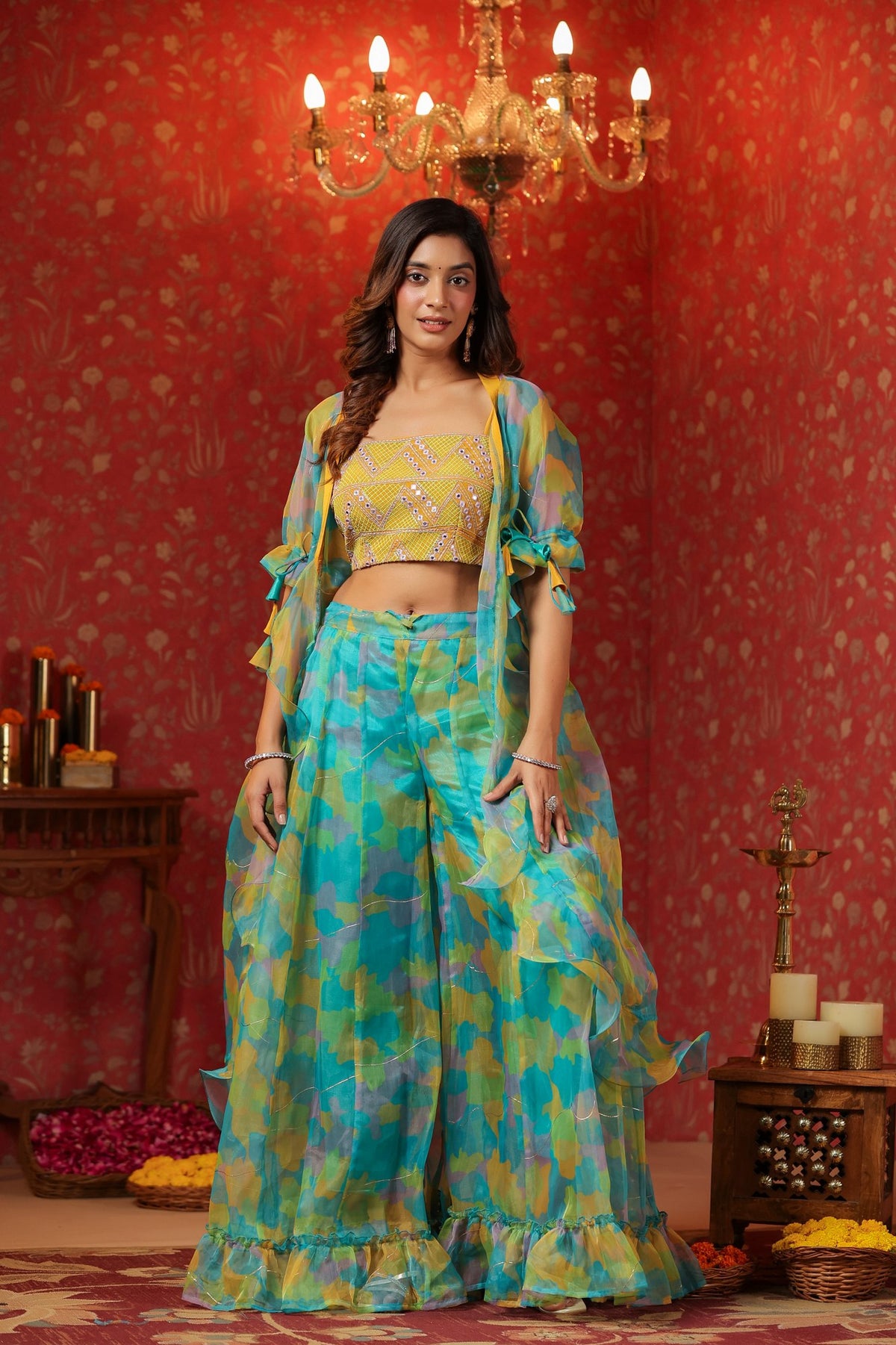 Yellow Organza Embroidered Crop Top Frilled Shrug  Set Of 3