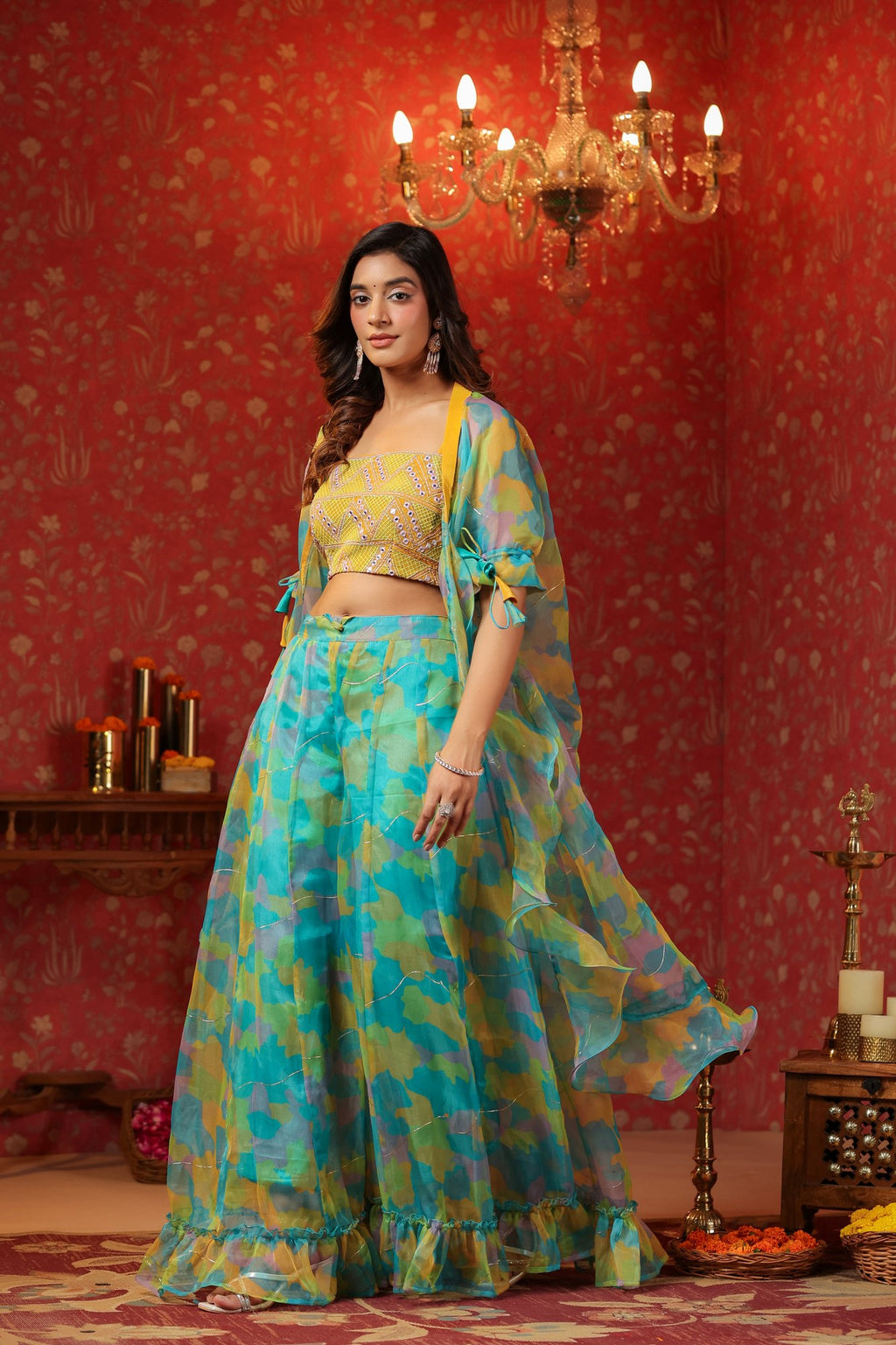 Yellow Organza Embroidered Crop Top Frilled Shrug  Set Of 3