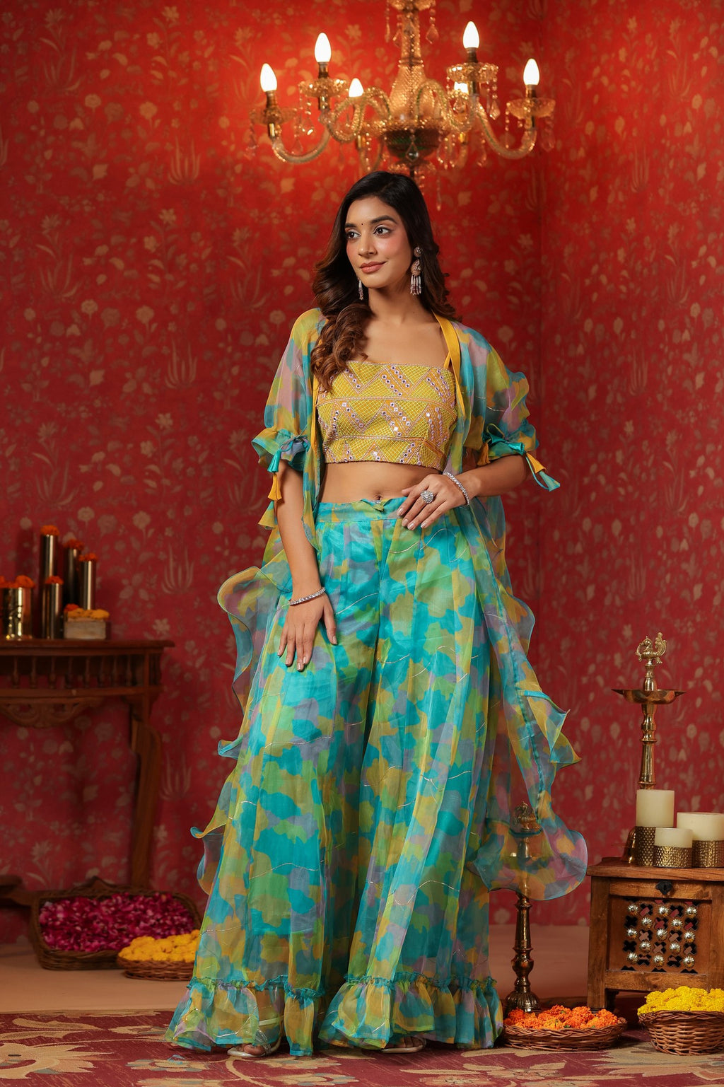 Yellow Organza Embroidered Crop Top Frilled Shrug  Set Of 3