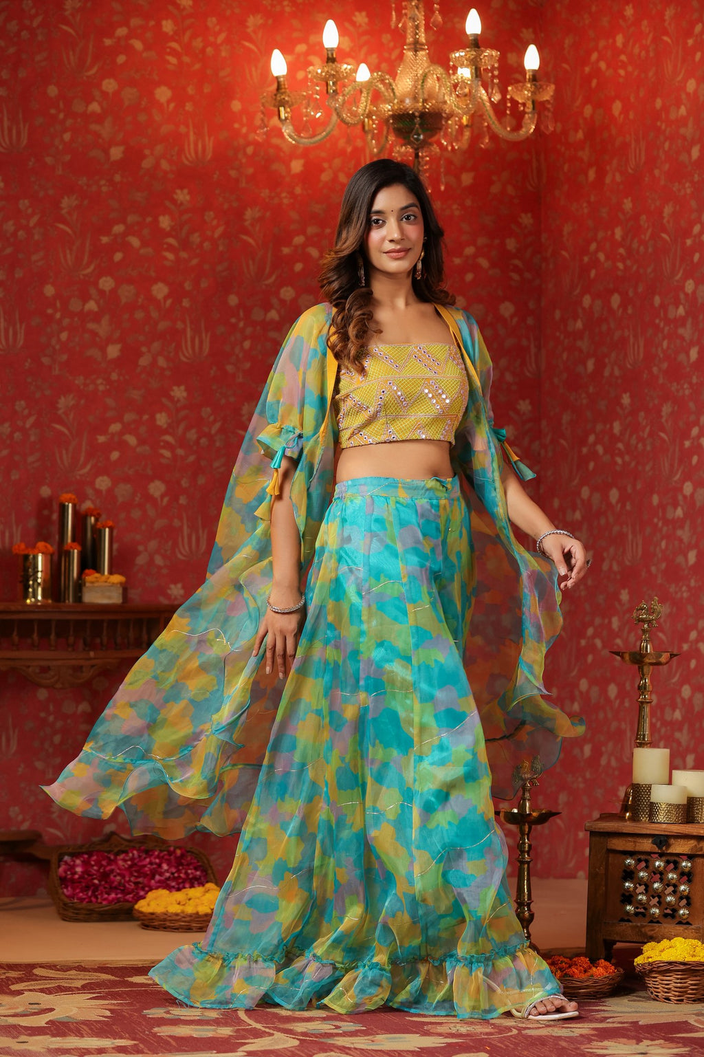 Yellow Organza Embroidered Crop Top Frilled Shrug  Set Of 3