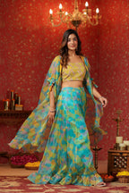 Yellow Organza Embroidered Crop Top Frilled Shrug  Set Of 3