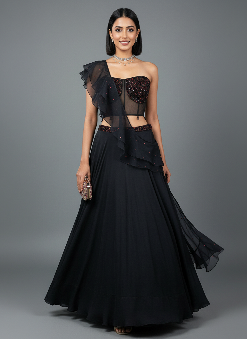 Black Lehenga with Corset Blouse & Dupatta