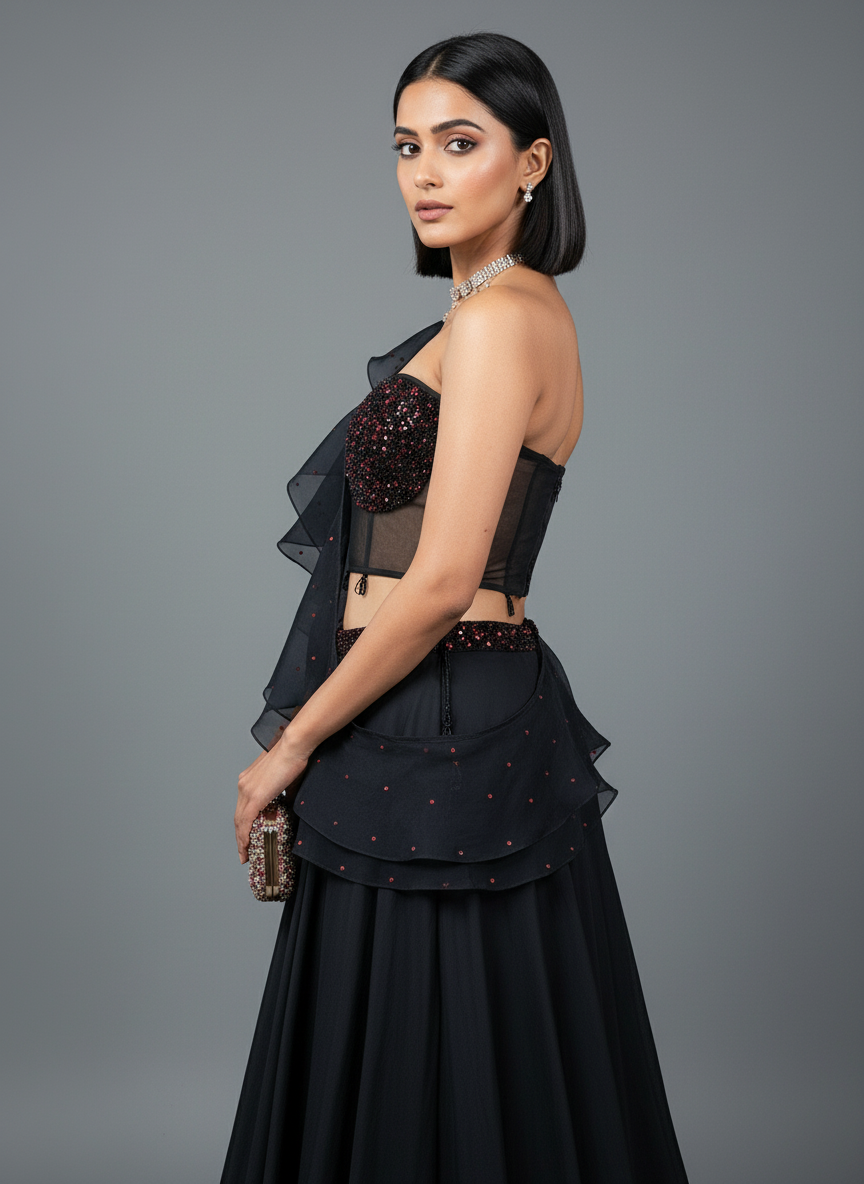 Black Lehenga with Corset Blouse & Dupatta