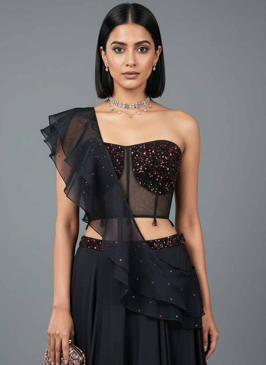 Black Lehenga with Corset Blouse & Dupatta