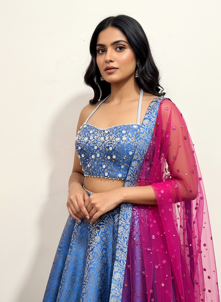 Blue Banarasi Lehenga set with Magenta Embellished Dupatta