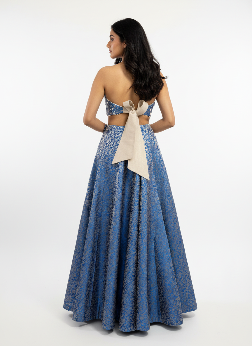 Blue Banarasi Lehenga set with Magenta Embellished Dupatta