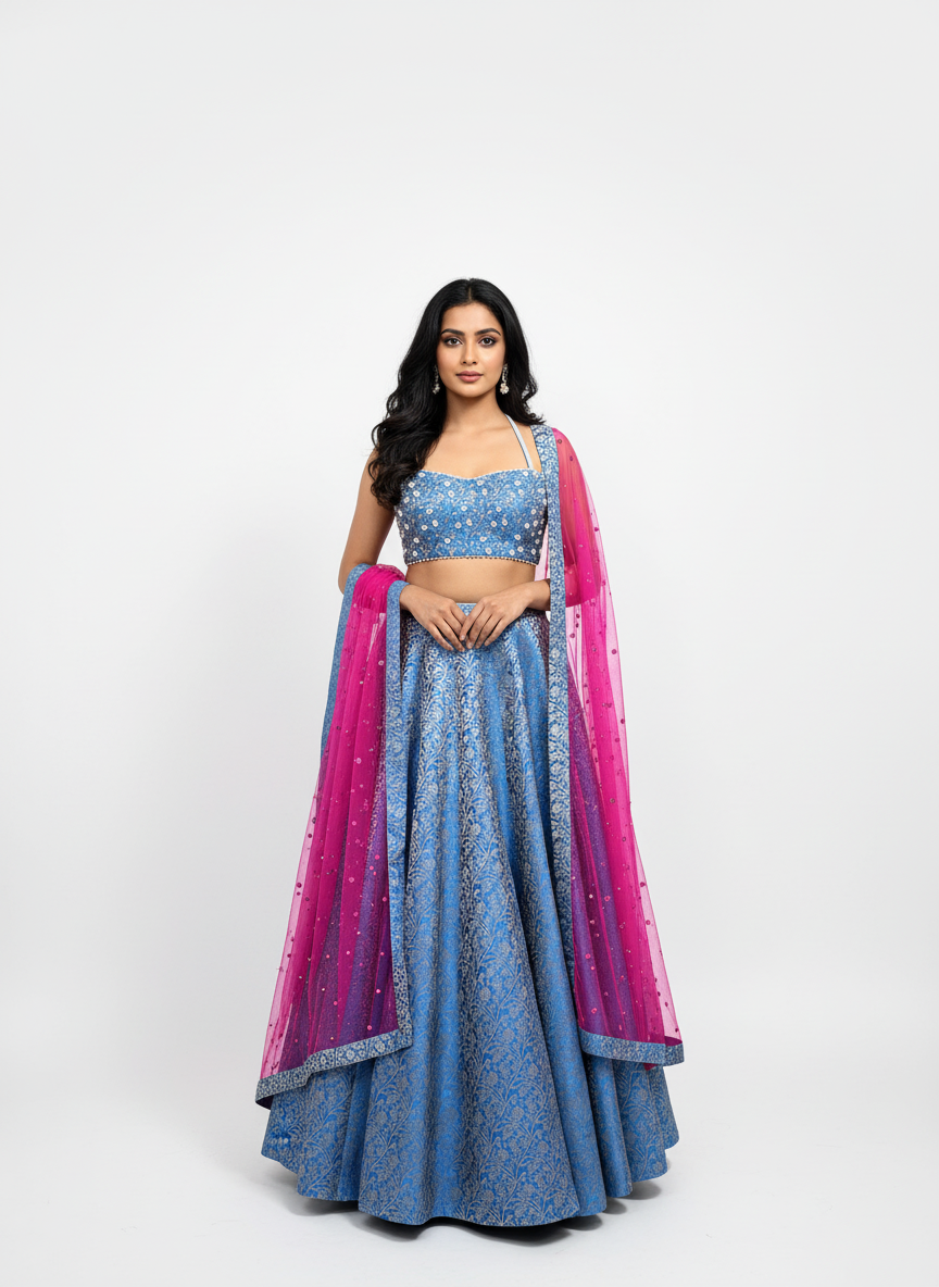 Blue Banarasi Lehenga set with Magenta Embellished Dupatta