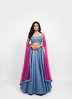 Blue Banarasi Lehenga set with Magenta Embellished Dupatta