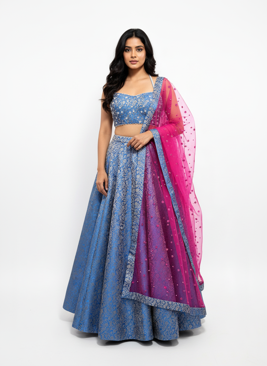 Blue Banarasi Lehenga set with Magenta Embellished Dupatta