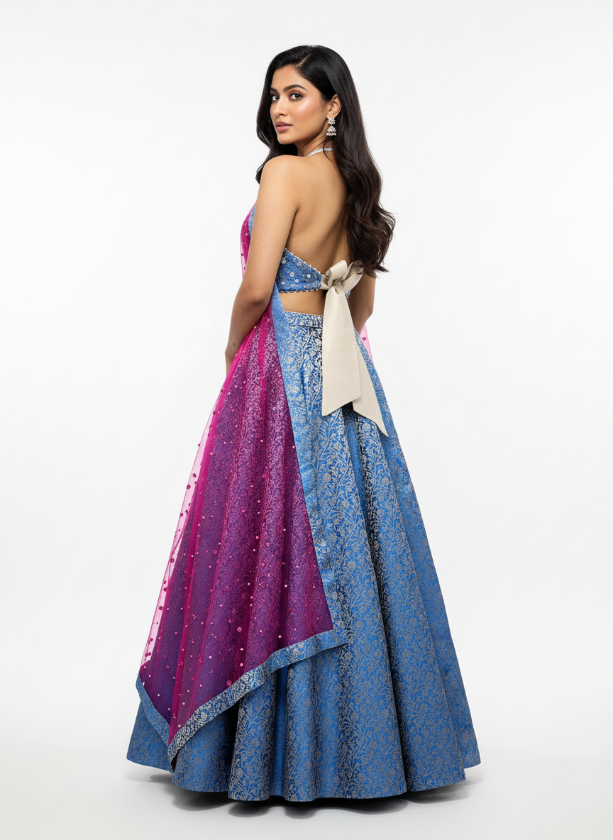 Blue Banarasi Lehenga set with Magenta Embellished Dupatta
