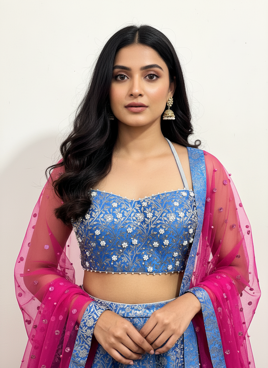 Blue Banarasi Lehenga set with Magenta Embellished Dupatta