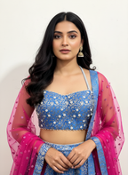 Blue Banarasi Lehenga set with Magenta Embellished Dupatta