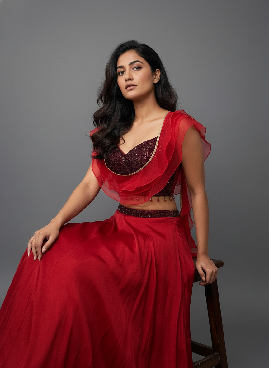 Crimson Red Lehenga with Corset Blouse & Dupatta