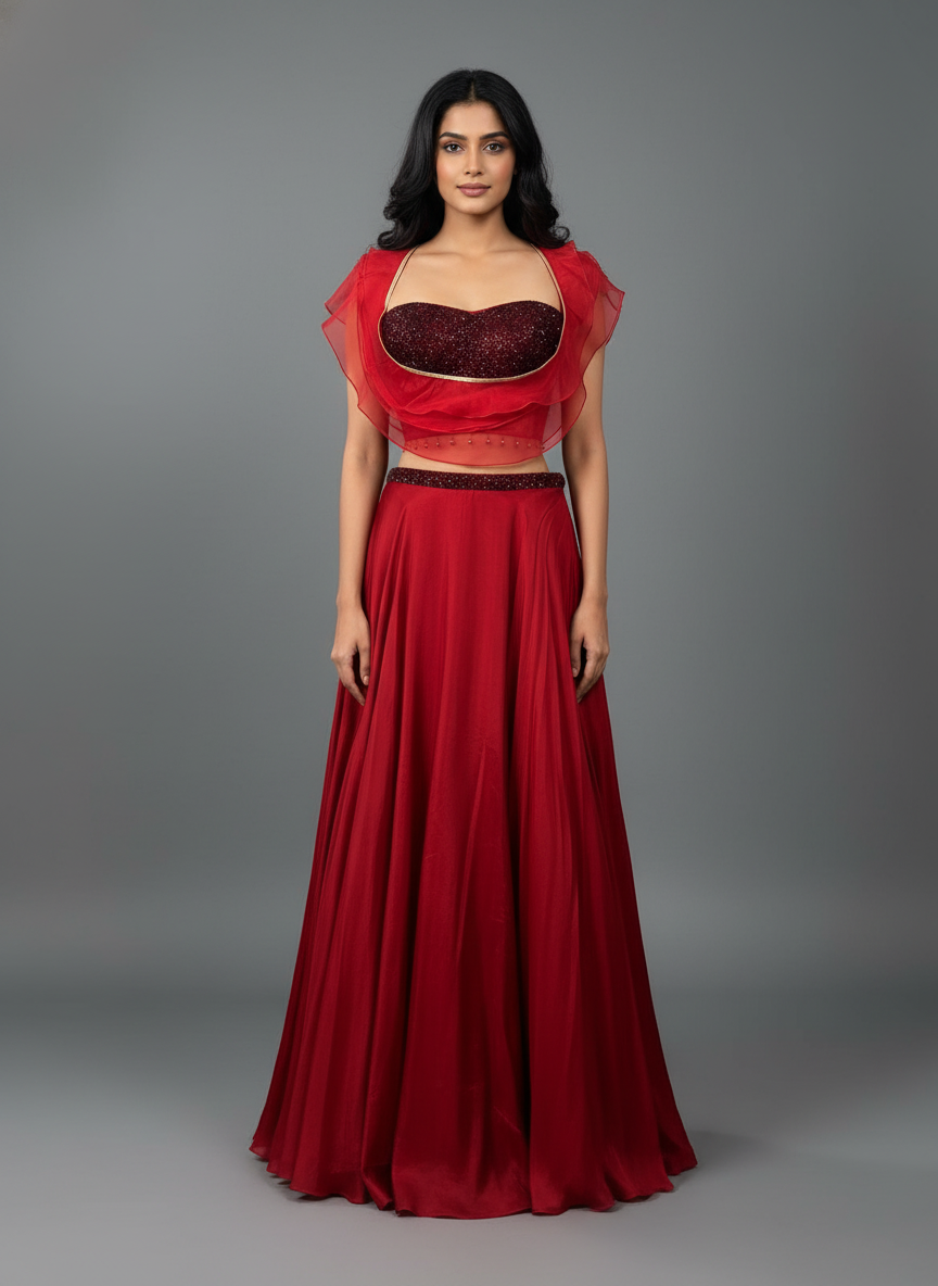 Crimson Red Lehenga with Corset Blouse & Dupatta