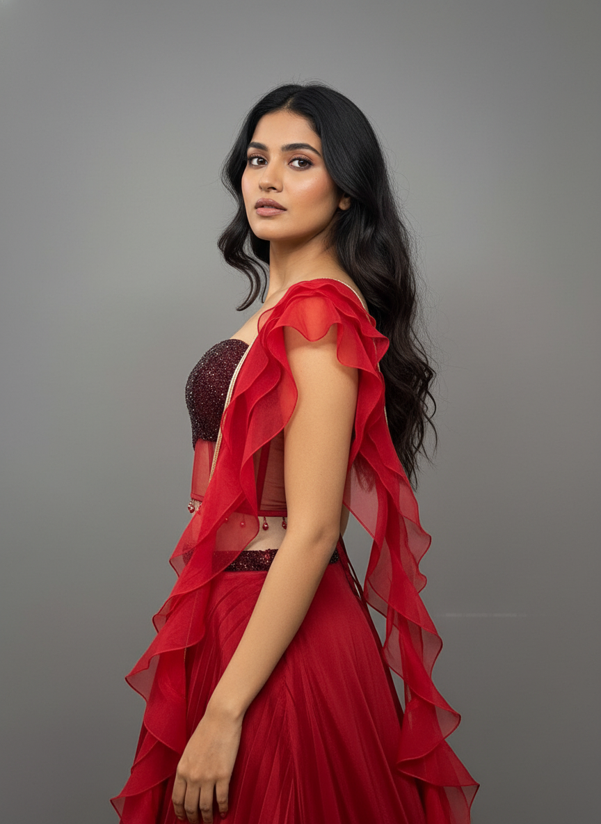 Crimson Red Lehenga with Corset Blouse & Dupatta