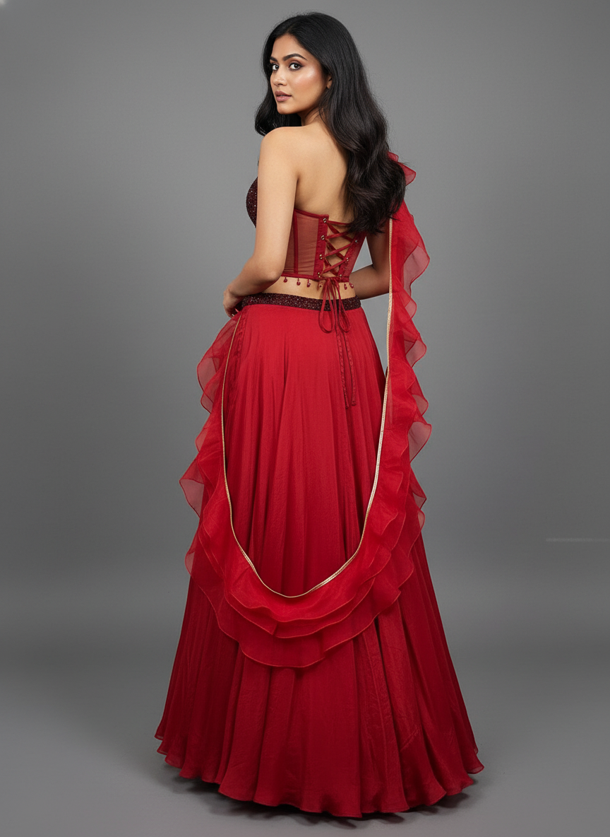 Crimson Red Lehenga with Corset Blouse & Dupatta