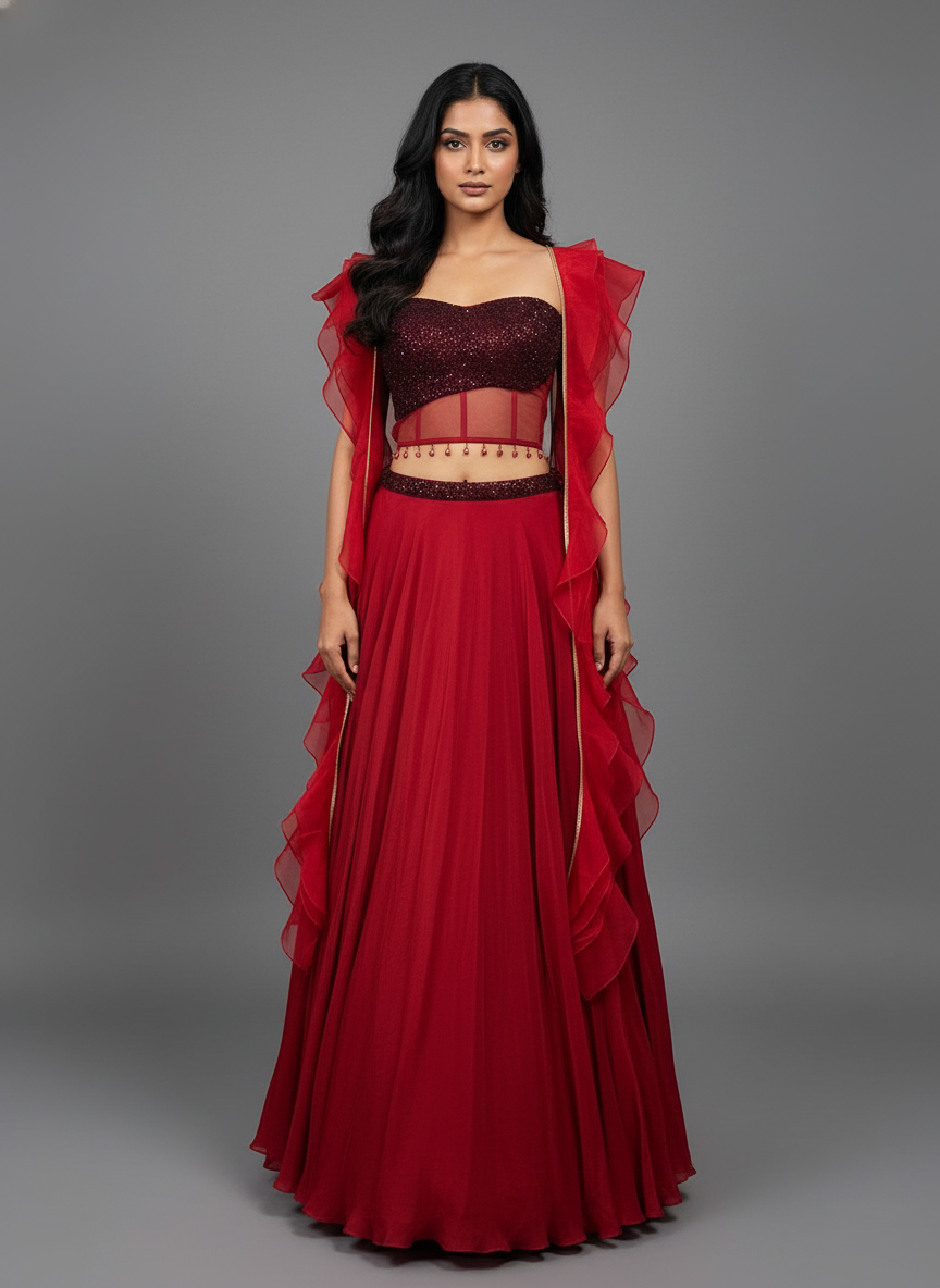 Crimson Red Lehenga with Corset Blouse & Dupatta