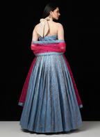 Blue Banarasi Brocade Gown with Magenta Dupatta