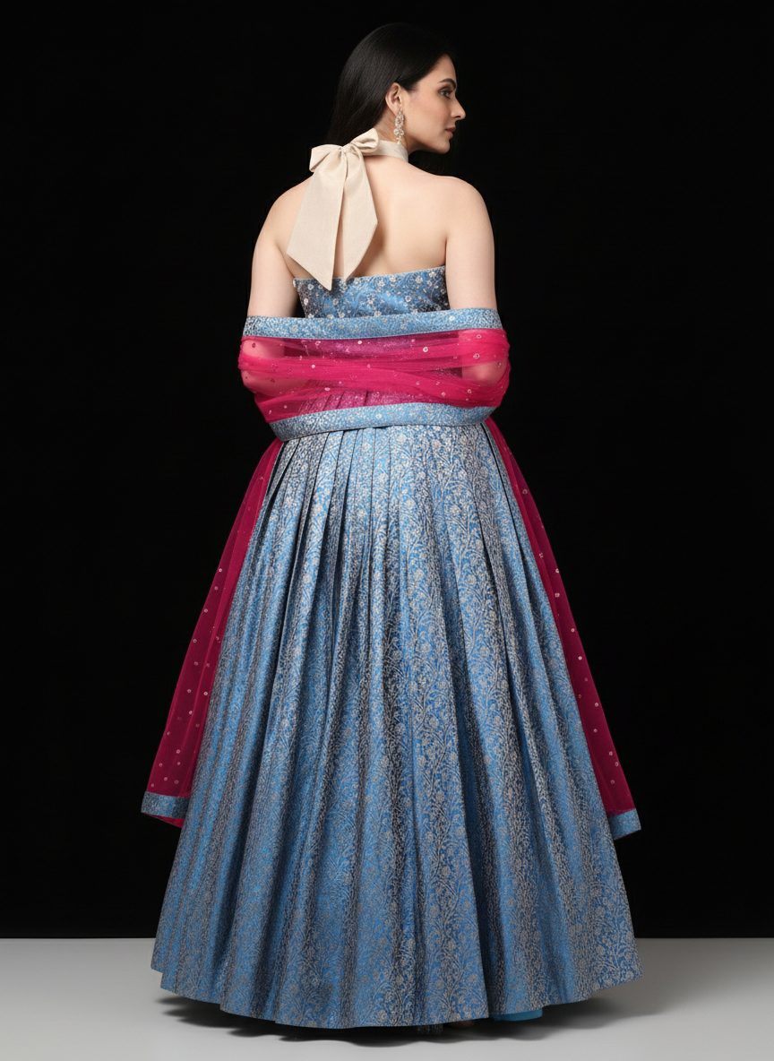 Blue Banarasi Brocade Gown with Magenta Dupatta